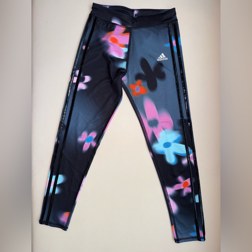 Kids adidas Black Leggings with Pink, Blue & Orange Floral Print
